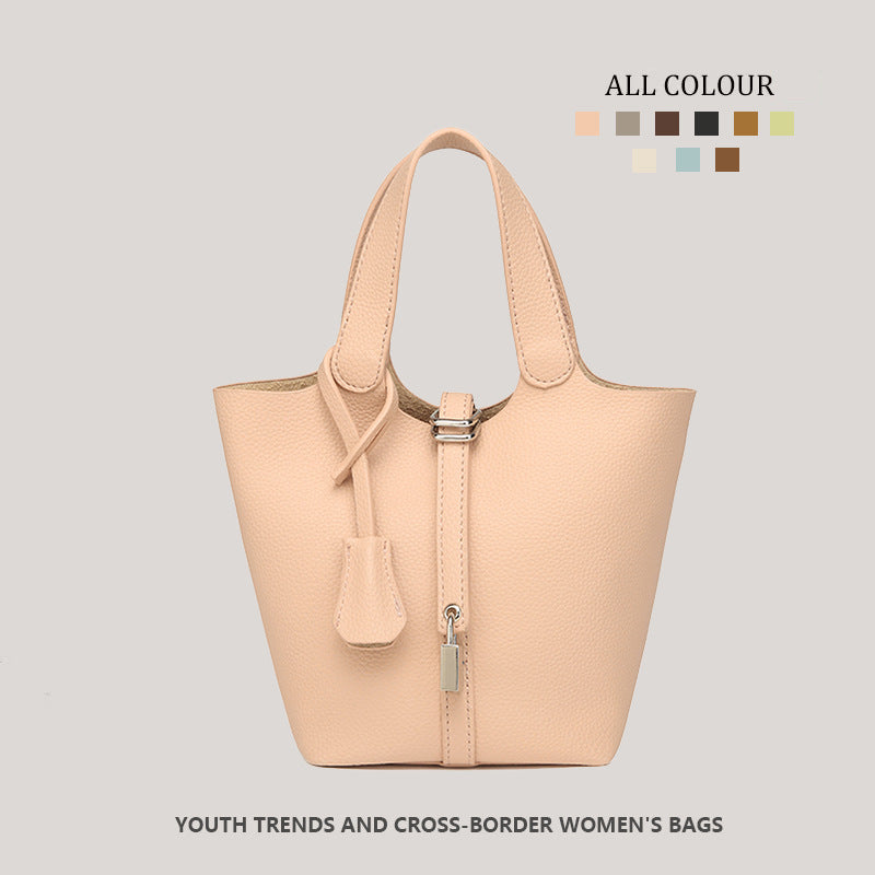 Taupe Pebbled Leather Tote Bag - Structured Bucket Bag with Lock Charm | Women's Everyday Shoulder Bag in Multiple Colors