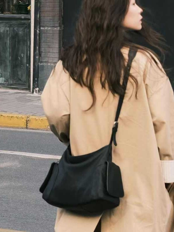 Dark Brown Leather Slouchy Shoulder Bag with Side Pockets | Soft Hobo Handbag