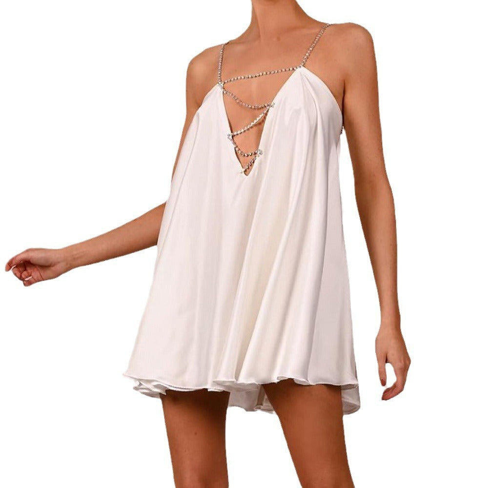 Satin Rhinestone Chain Strap Slip Dress | Crystal Strappy Babydoll Nightgown | Luxury Lingerie