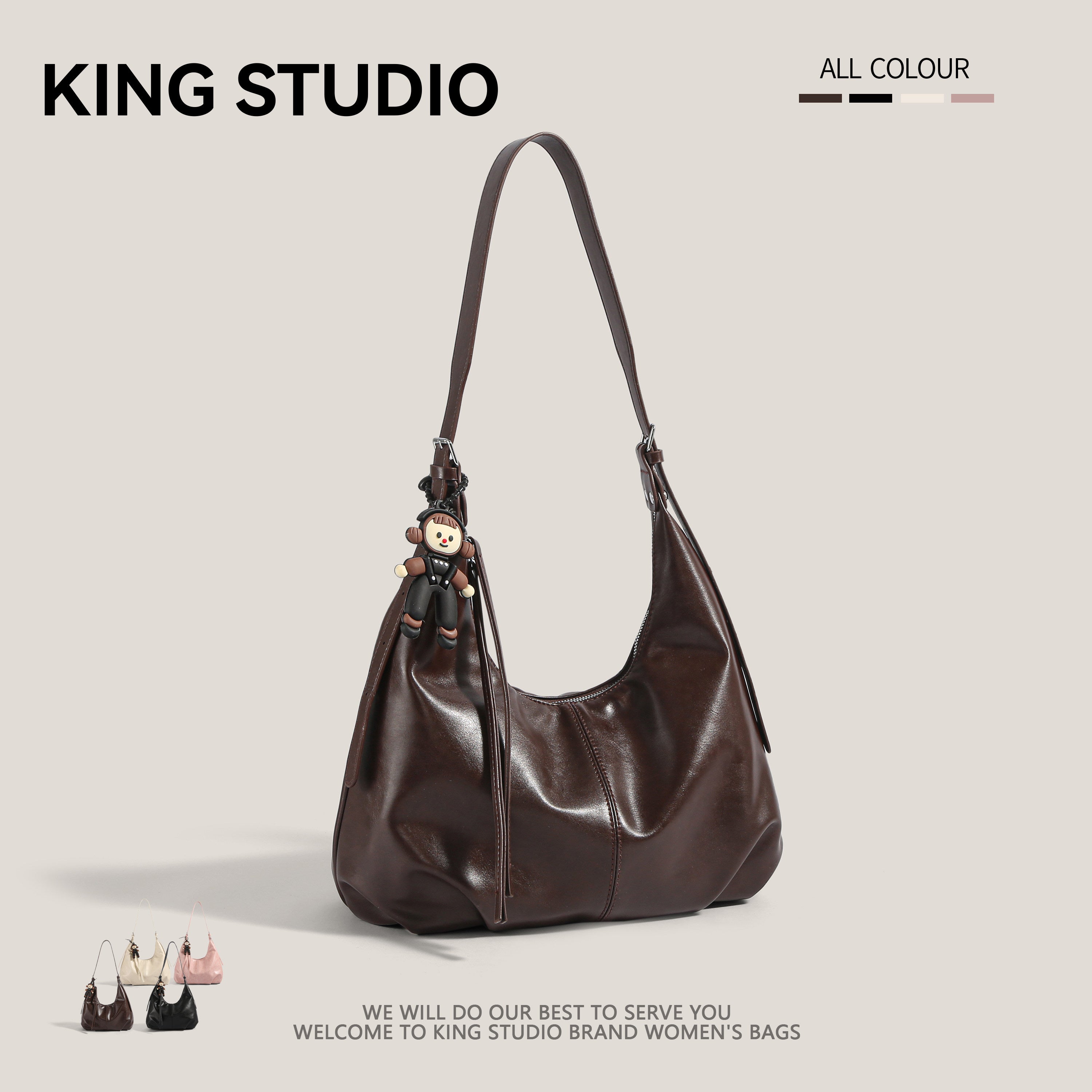 Dark Brown Leather Hobo Bag with Monkey Charm | Soft Slouchy Shoulder Bag