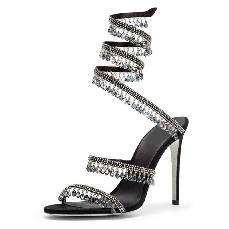 Champagne Nude Crystal Rhinestone Teardrop Fringe Spiral Wrap-Around Ankle Stiletto Sandals | Ultra Luxury Bridal Evening Heels for Women