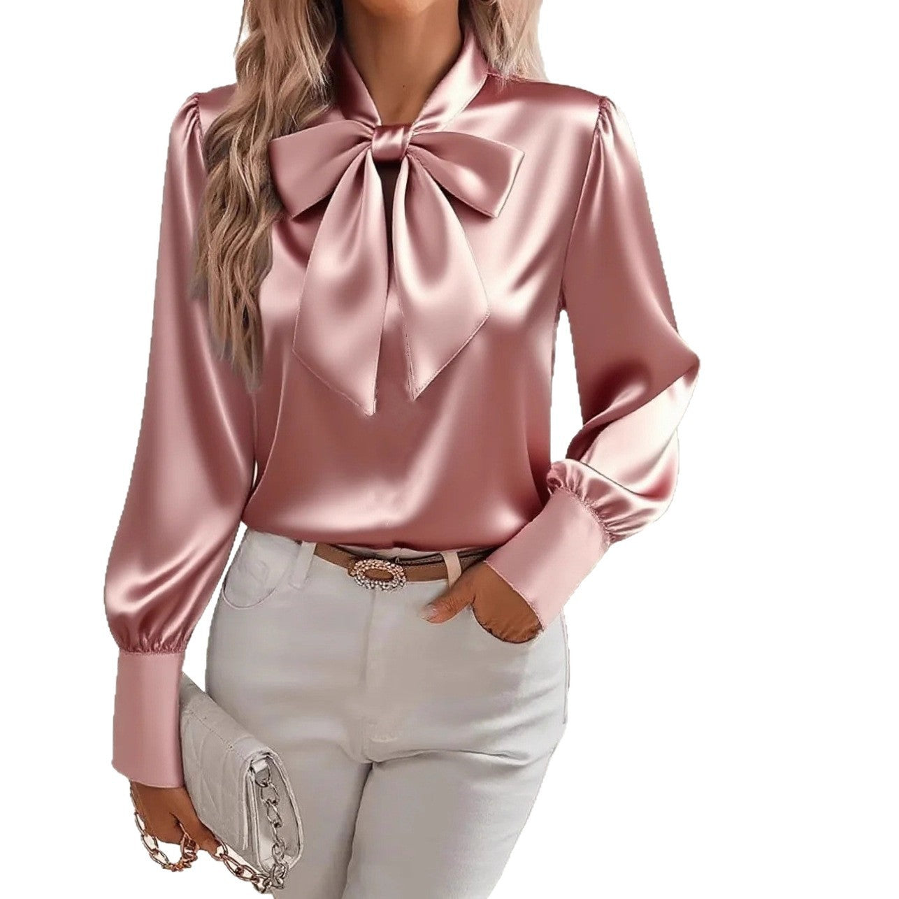 Womens Black Satin Bow Tie Neck Blouse Elegant Long Sleeve Puff Shoulder Silk Like Top for Office Work Party and Formal Occasions