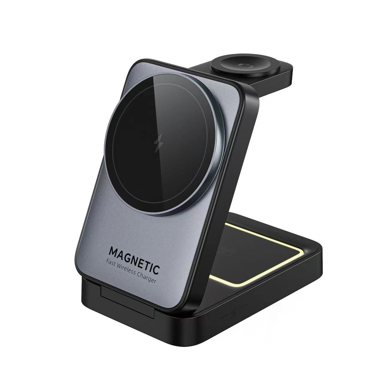 3 in 1 Magnetic Fast Wireless Charger Station Foldable Charging Stand for Phone Smartwatch and Earbuds with LED Ambient Light