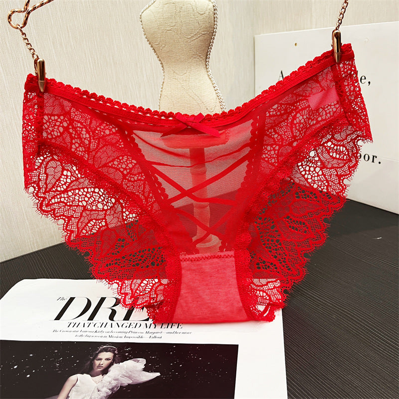 Damen Höschen mit schwarzer Spitze und überkreuzter Vorderseite | Transparente Mesh-Schnürunterwäsche | Sexy Wimpernspitzen-Slips