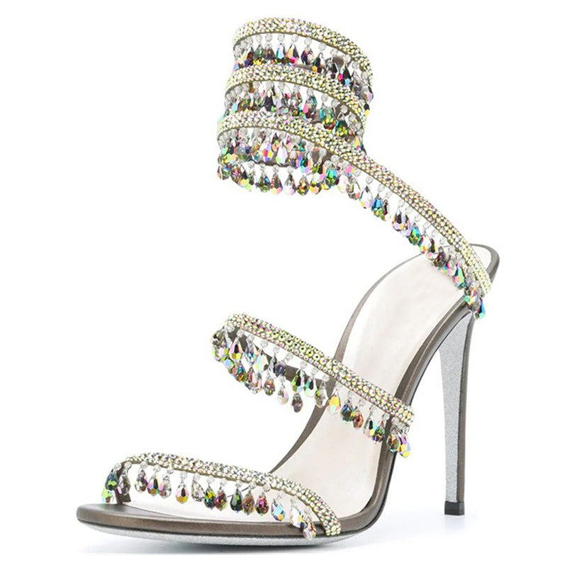 Champagne Nude Crystal Rhinestone Teardrop Fringe Spiral Wrap-Around Ankle Stiletto Sandals | Ultra Luxury Bridal Evening Heels for Women