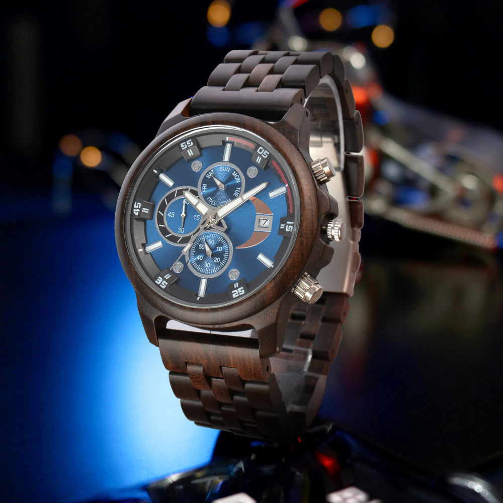 Men's Wooden Chronograph Watch | Blue Dial Rose Gold Sandalwood Day Date Sport Watch