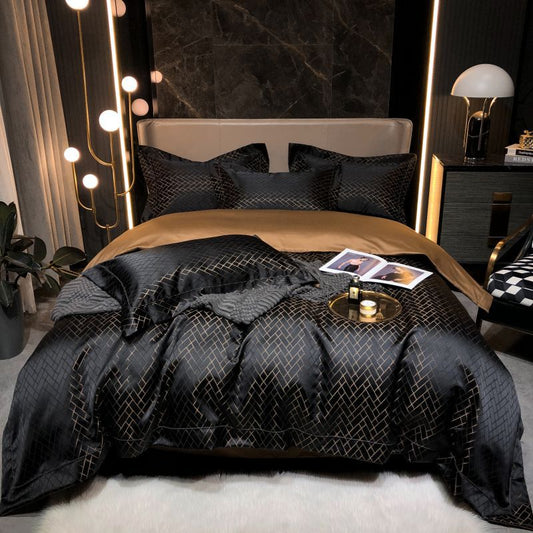 Luxury Black Gold Jacquard Satin Bedding Set, Silky Smooth Duvet Cover with Pillowcases for King Queen Bed