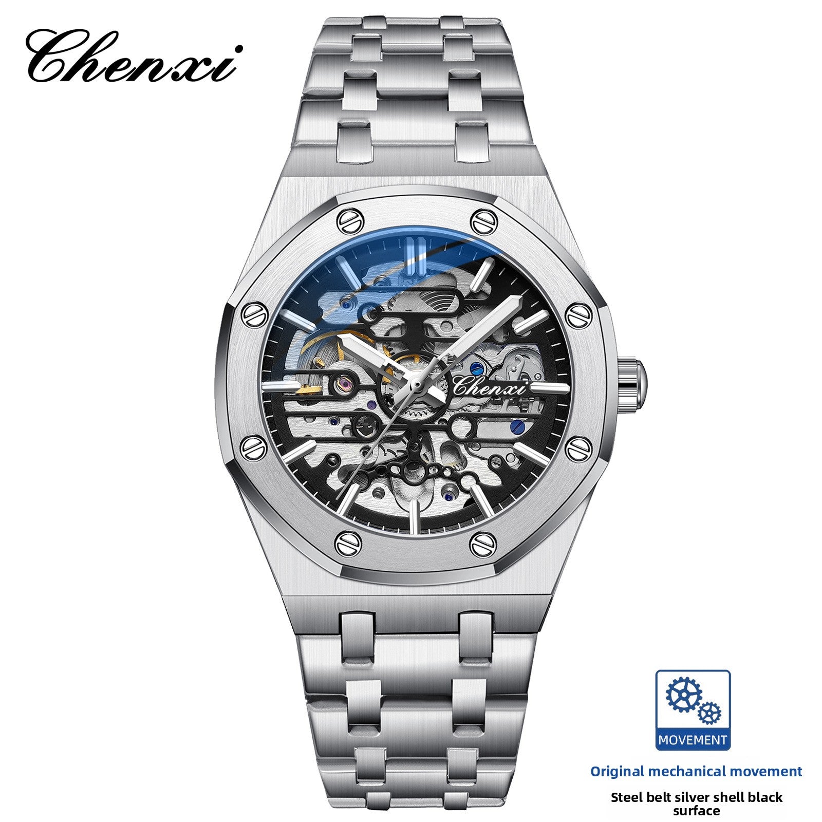 Chenxi Men's Skeleton Mechanical Watch | Royal Oak Style Octagonal Screw Bezel Blue Accent | Silver Stainless Steel Bracelet Luxury Timepiece