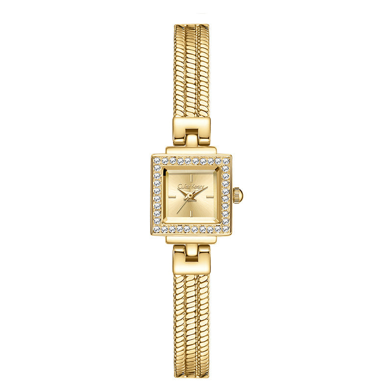 Women's Gold Square Crystal Bezel Watch | Diamond Pave Snake Chain Bracelet Champagne Dial Luxury Quartz Timepiece