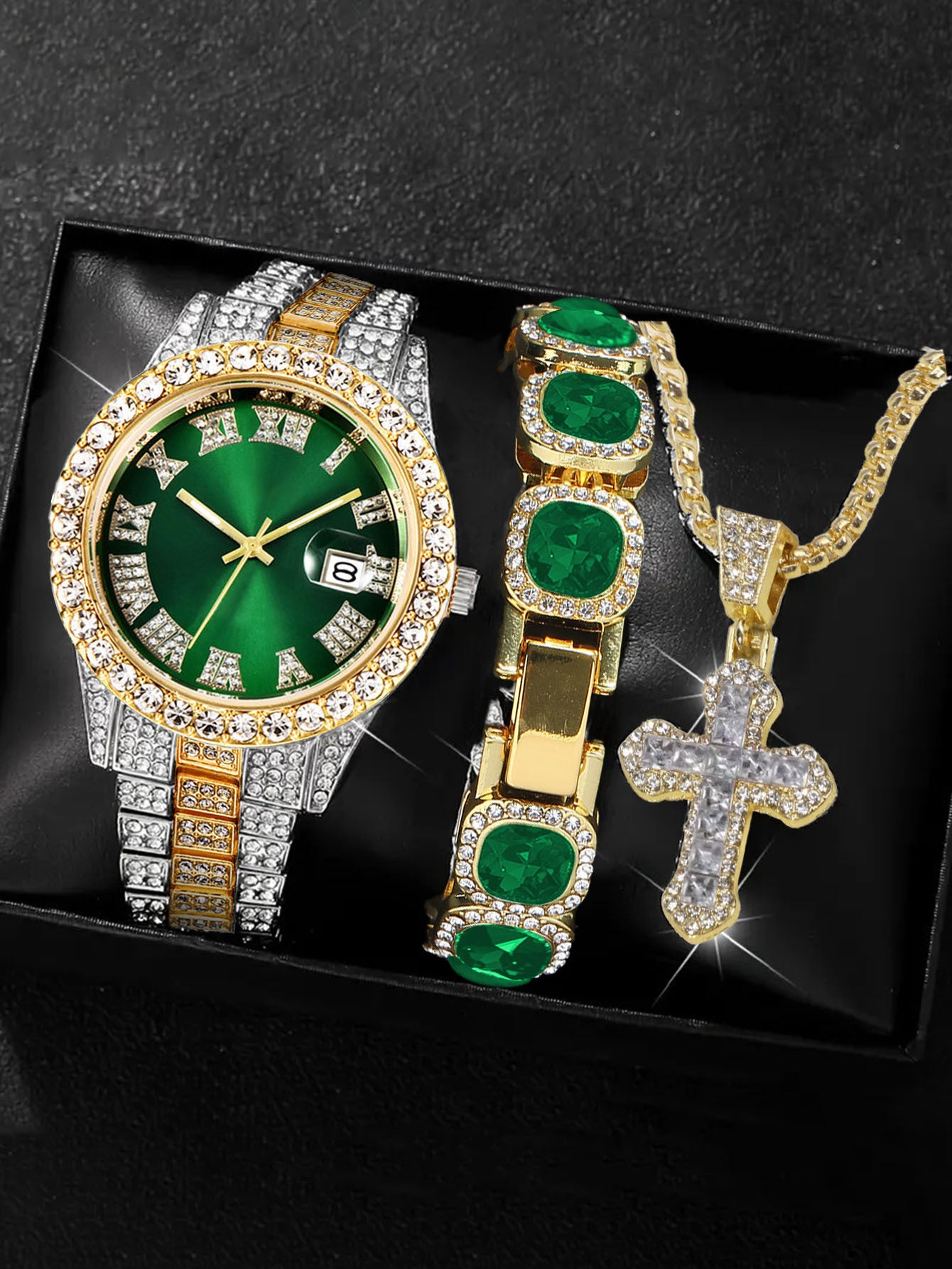 Men's Iced Out Green Emerald Watch Bracelet & Cross Necklace Set | Gold CZ Diamond Hip Hop Jewelry Gift Box