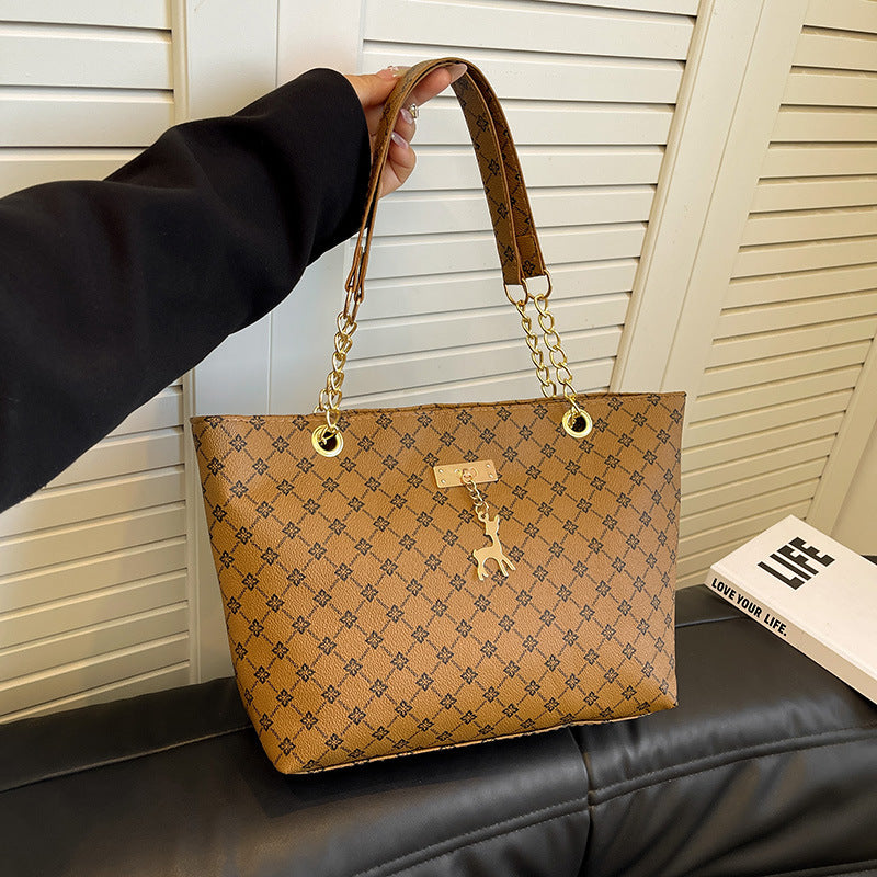 Black Monogram Pattern Chain Strap Tote Bag Gold Deer Charm Lock Detail Shoulder Bag | Women Luxury Designer Inspired Large Everyday Handbag Purse