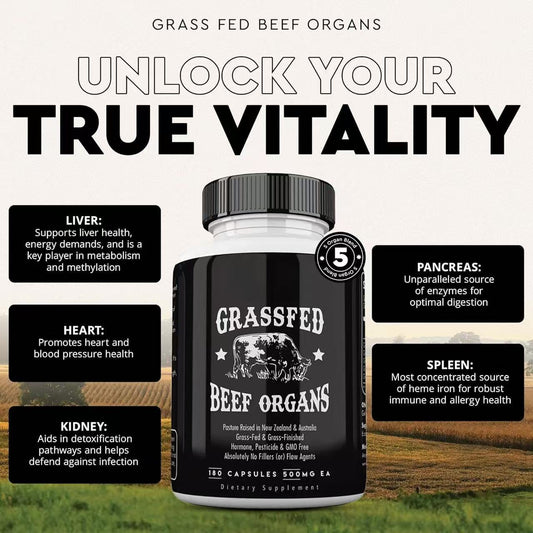 Grasgefüttertes Rinderorgan-Supplement | 180 Kapseln à 500mg | Weidehaltung aus Neuseeland & Australien | Gentechnikfrei, Hormonfrei, Ohne Füllstoffe – Ahnen-Superfood