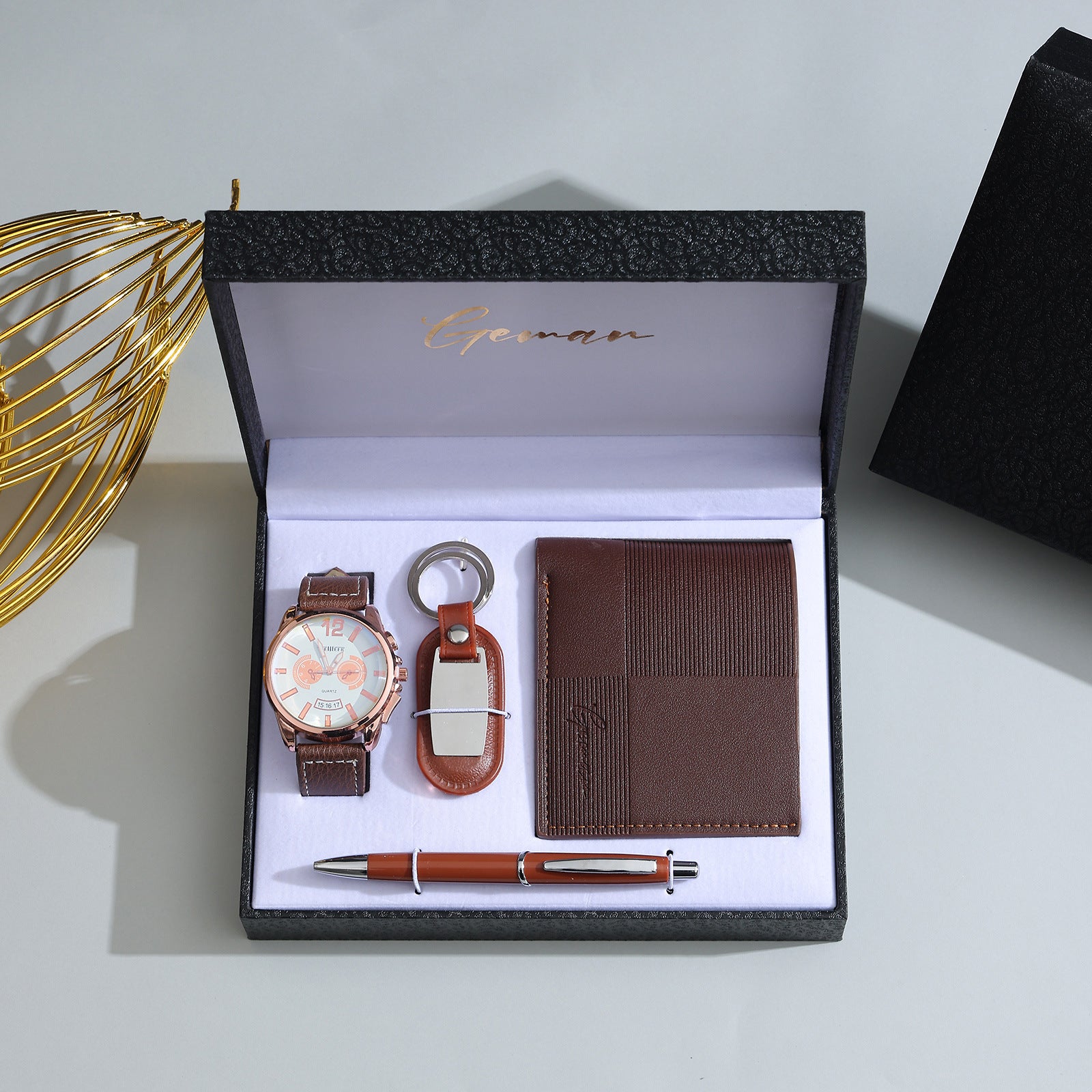 Geman Men's Luxury Gift Set – 6-Piece Black Leather Belt, Wallet, Watch, Bracelet, Keychain & Pen Box Set | Premium Men's Gift