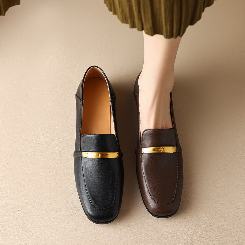 Black Leather Flat Loafers Gold Metal Bar Detail Square Toe Slip On Women Shoes | Elegant Comfortable Everyday Office Casual Fashion Flat Shoes