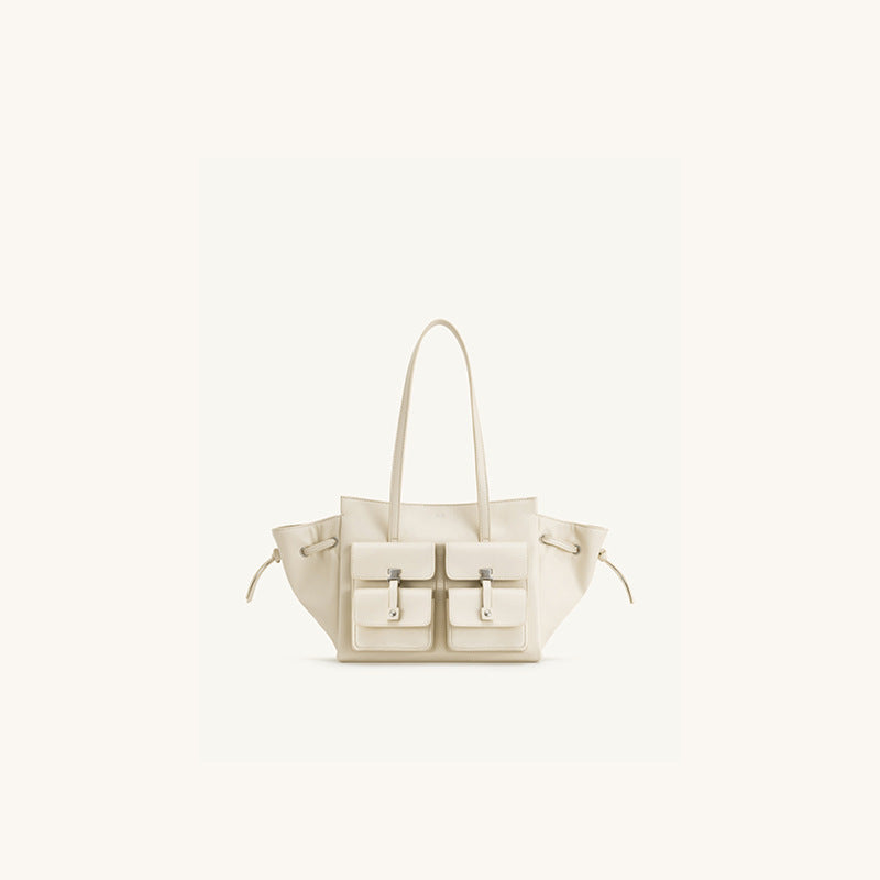 JW PEI Linda Genuine Leather Shoulder Tote Bag Camel Beige Tote Bag with Front Pockets | Wing Tote Shoulder Bag Leather