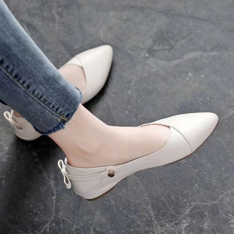 Cream Leather Pointed Toe Back Bow Slingback Ballet Flats | Elegant Gold Stud Slip-On Flat Shoes for Women