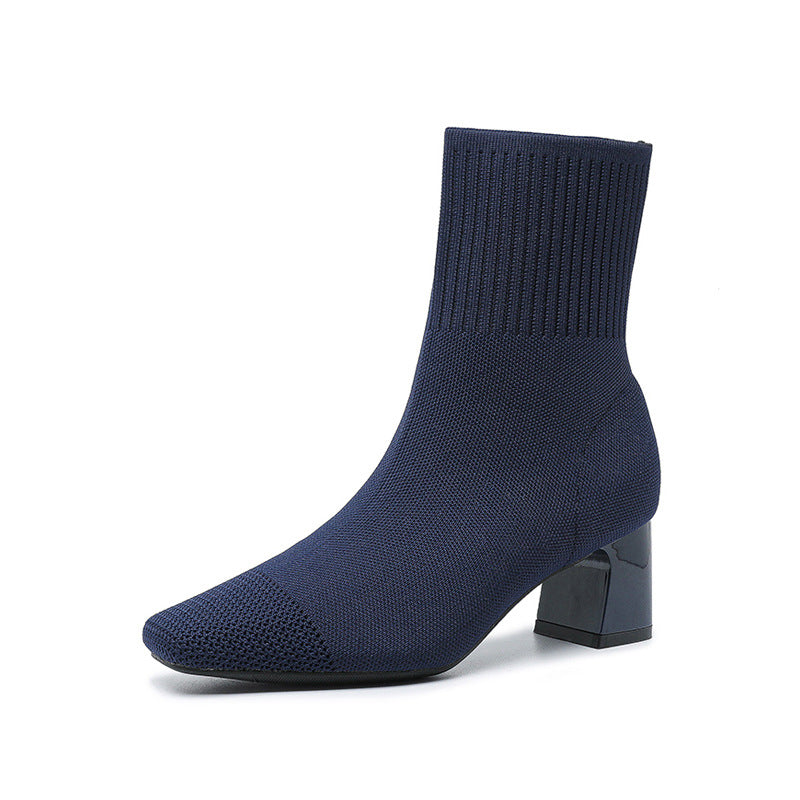 Black Ribbed Knit Sock Block Heel Ankle Boots | Women's Stretch Pointed Toe Silver Accent Heel Booties