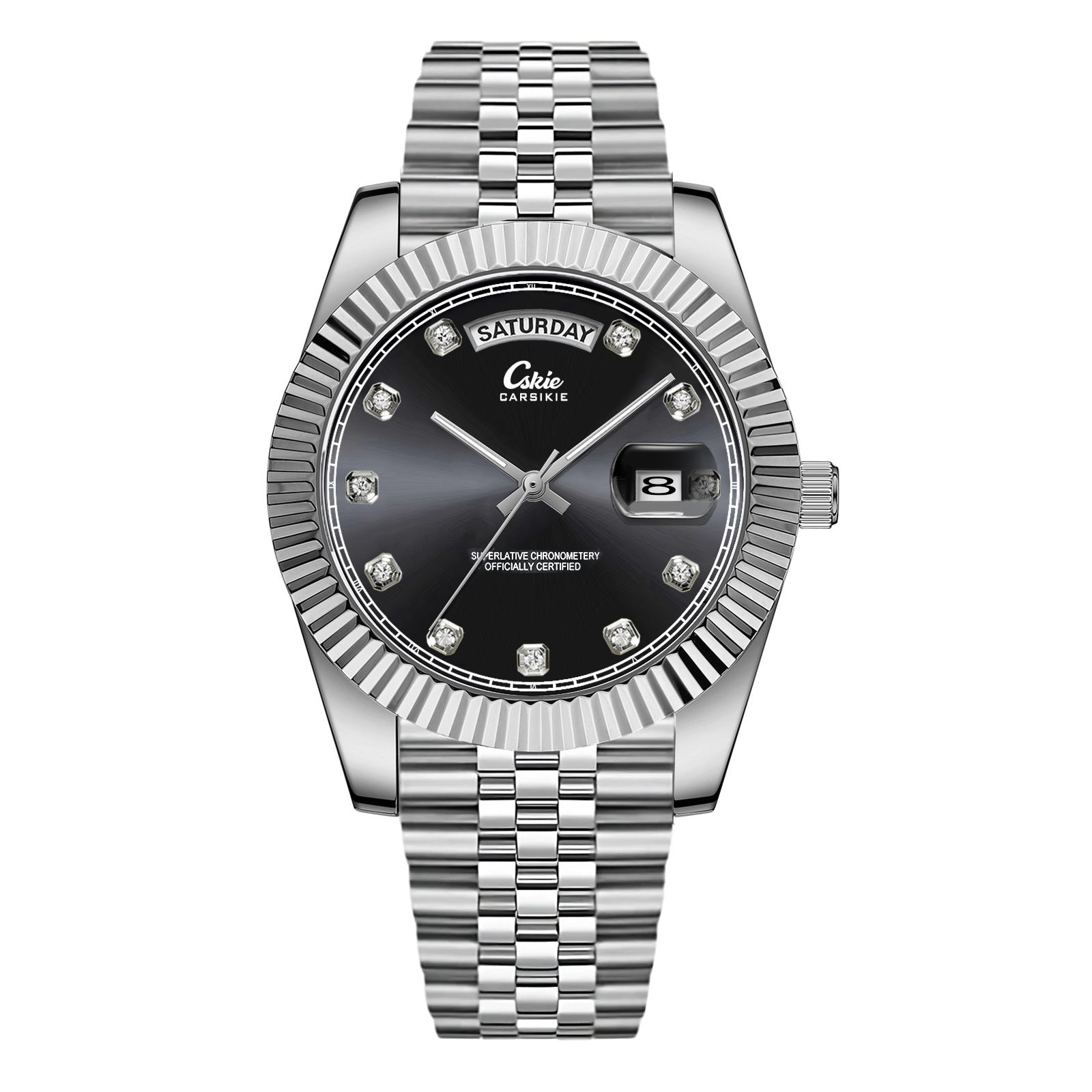 Carsikie Arabic Numeral Watch Men | Black Sunray Dial | Fluted Bezel President Style | Day Date Silver Stainless Steel Watch