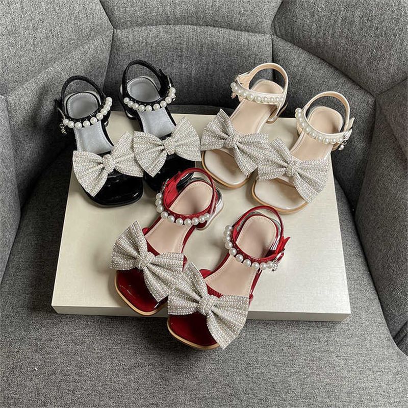 Red Patent Crystal Rhinestone Bow Pearl Strap Sandals for Girls | Diamond Bow Pearl Ankle Strap Kids Dress Sandals | Luxury Princess Party Wedding Sandals | Elegant Little Girl Formal Shoes