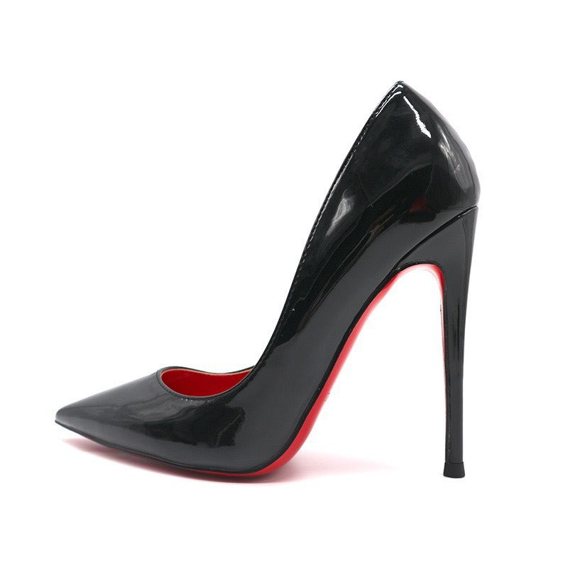 Black Patent Leather Pointed Toe Extreme Stiletto Pumps with Red Sole & Red Lining | Iconic Luxury Power Heels for Women