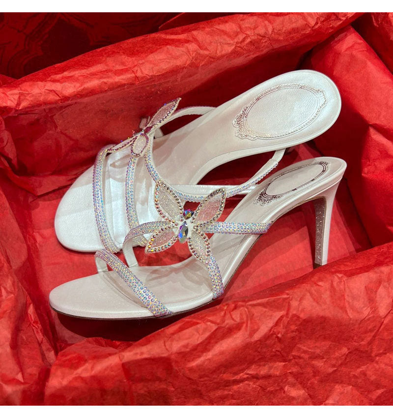 Champagne Nude AB Crystal Rhinestone Flower Strappy Stiletto Mule Sandals | Luxury Bridal Evening Heels for Women