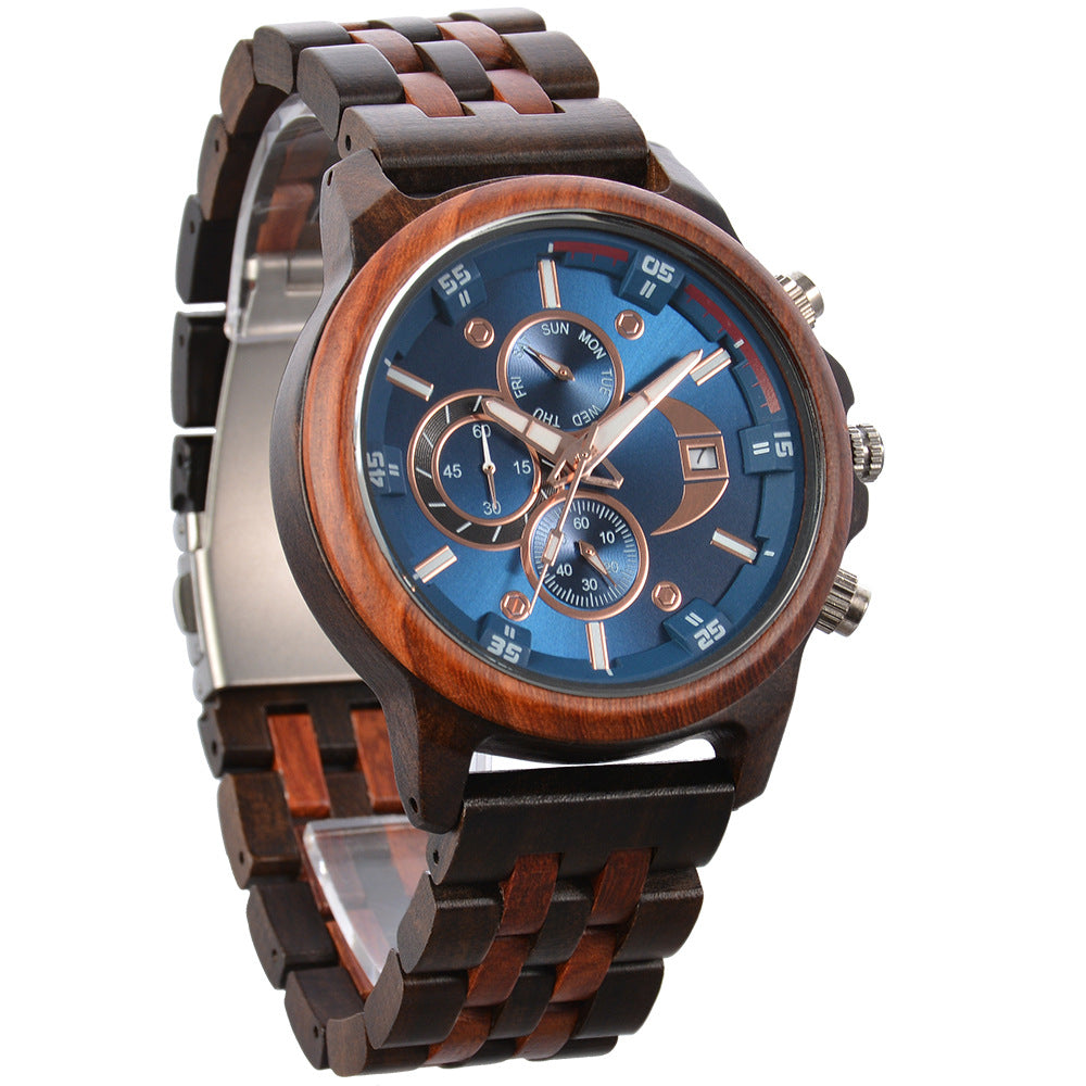 Men's Wooden Chronograph Watch | Blue Dial Rose Gold Sandalwood Day Date Sport Watch