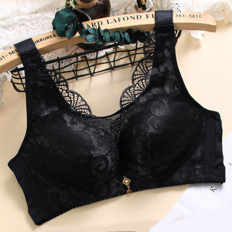 Women's Black Floral Lace Wireless Bra with Gold Charm Detail, Wide Straps and V Neckline for Everyday Elegance