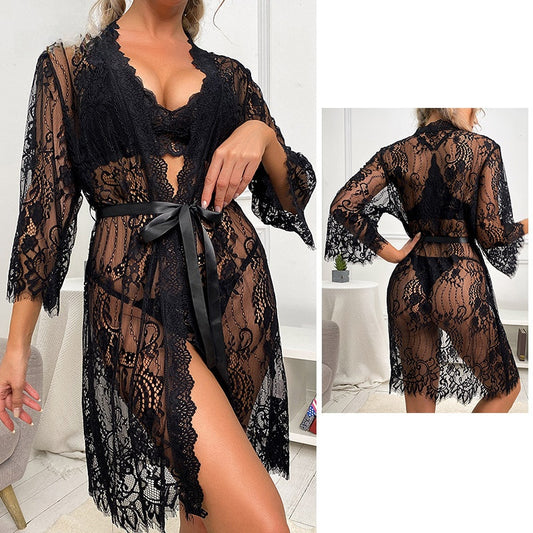 Women's Black Full Floral Lace Maxi Robe Set Sexy See-Through Long Dressing Gown with Satin Bow Belt and Lace Bralette