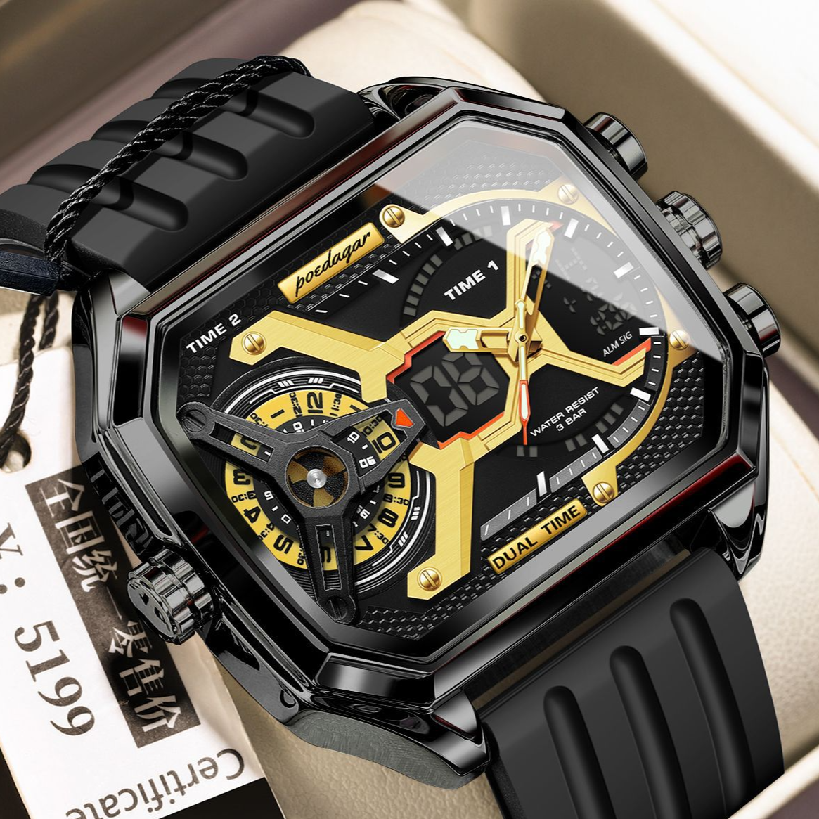 Poedagar Men's Dual Time Digital Analog Watch | Square Blue Rubber Strap | Military Sport Chronograph Waterproof