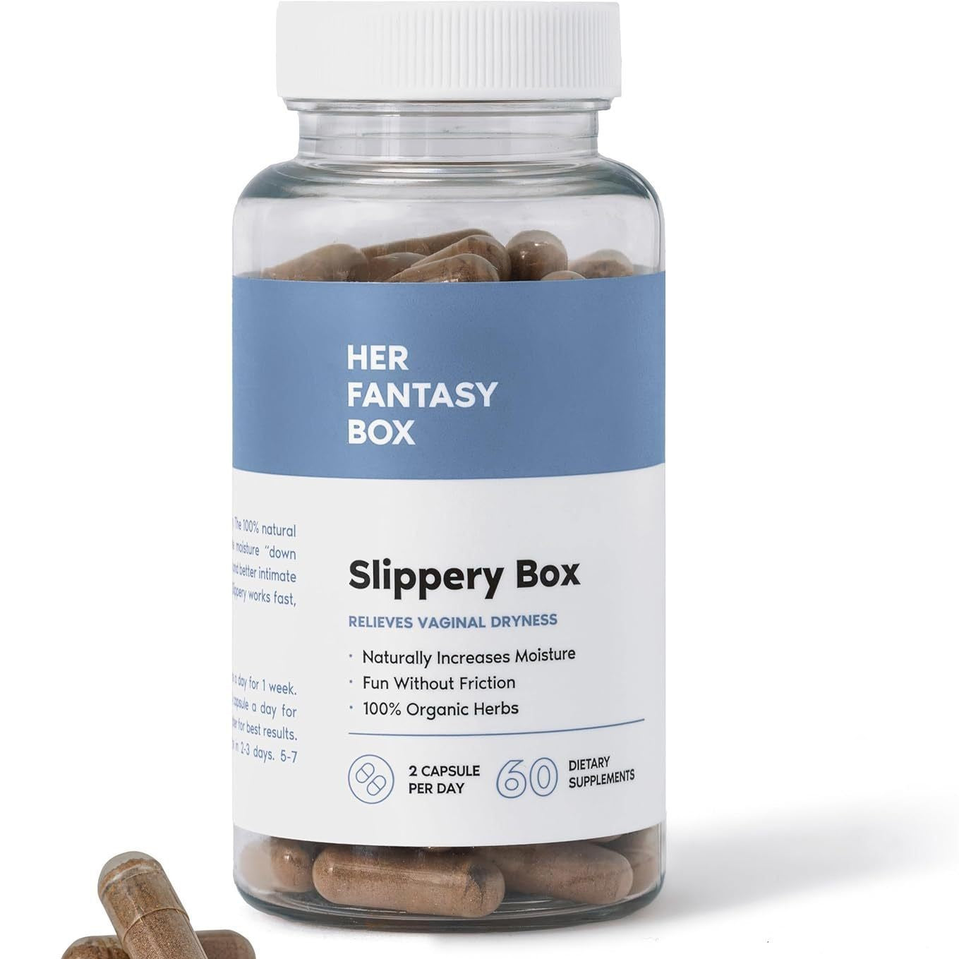 Her Fantasy Box Slippery Box 60 Capsules | Relieves Vaginal Dryness | 100% Organic Herbs | Natural Moisture Supplement for Women