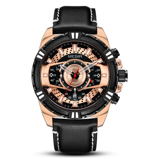 Megir Men's Racing Chronograph Watch | Black Dial Yellow Accent Brown Leather Strap Sport Turbo Style Date Watch