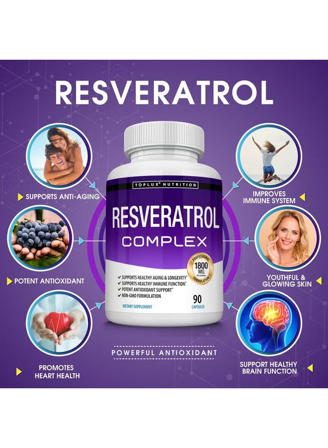 Toplux Nutrition Resveratrol Complex 1800mg Set of 2 | 2x90 Capsules Anti-Aging Antioxidant Immune Support Non-GMO