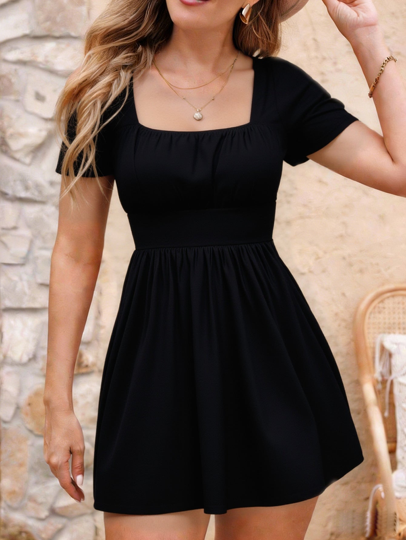 Women's Black Square Neck Short Sleeve Mini Dress - Ruched Bodice A-Line Flowy Summer Dress | Beach, Vacation & Casual Wear