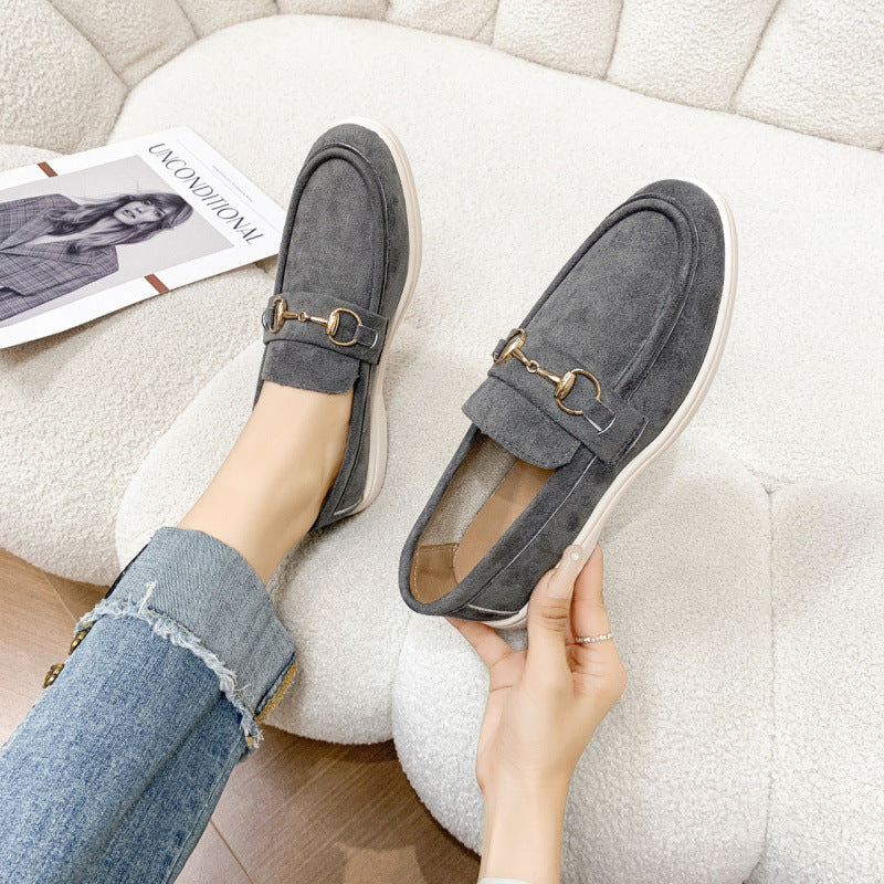 Women's Grey Suede Horsebit Loafers ? Luxury Inspired Slip-On Flat Shoes with Gold Hardware