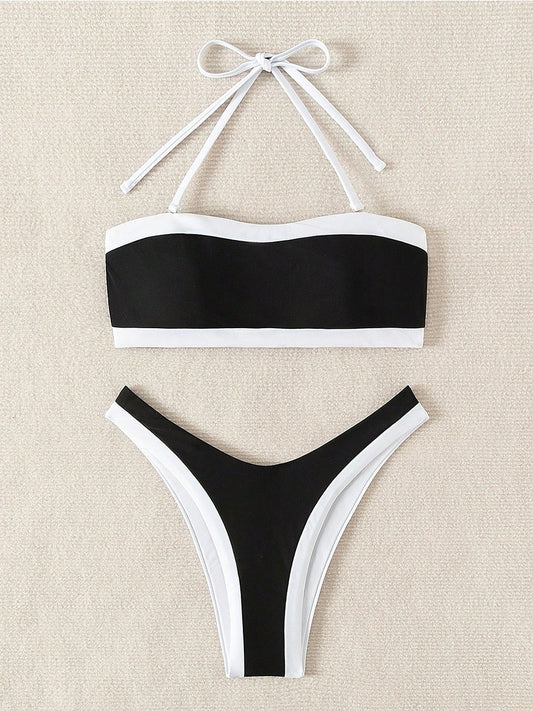Black White Color Block Bandeau Bikini Set | Contrast Trim High Cut Cheeky Bottom Swimsuit | Women's Sexy Swimwear