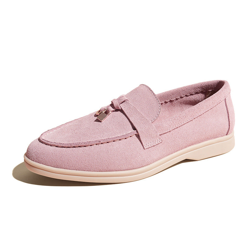 Women's Beige Suede Loafers with Gold Lock Charm ? Elegant Slip-On Flat Shoes for Everyday Luxury
