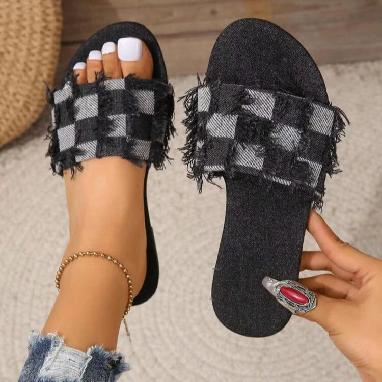 Women's Black Checkered Frayed Denim Flat Slides ? Casual Open Toe Slip-On Summer Sandals
