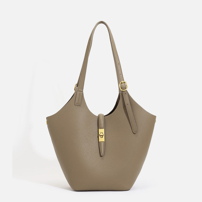Luxury Leather Bucket Tote Bag with Gold Twist Lock | Women's Designer-Style Shoulder Bag in Beige & Brown Contrast Strap | Everyday Handbag for Work & Travel