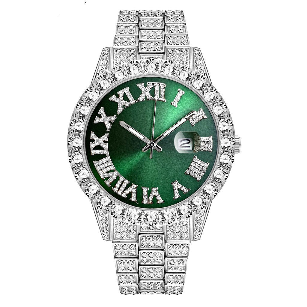 Men's Iced Out Green Emerald Watch Bracelet & Cross Necklace Set | Gold CZ Diamond Hip Hop Jewelry Gift Box