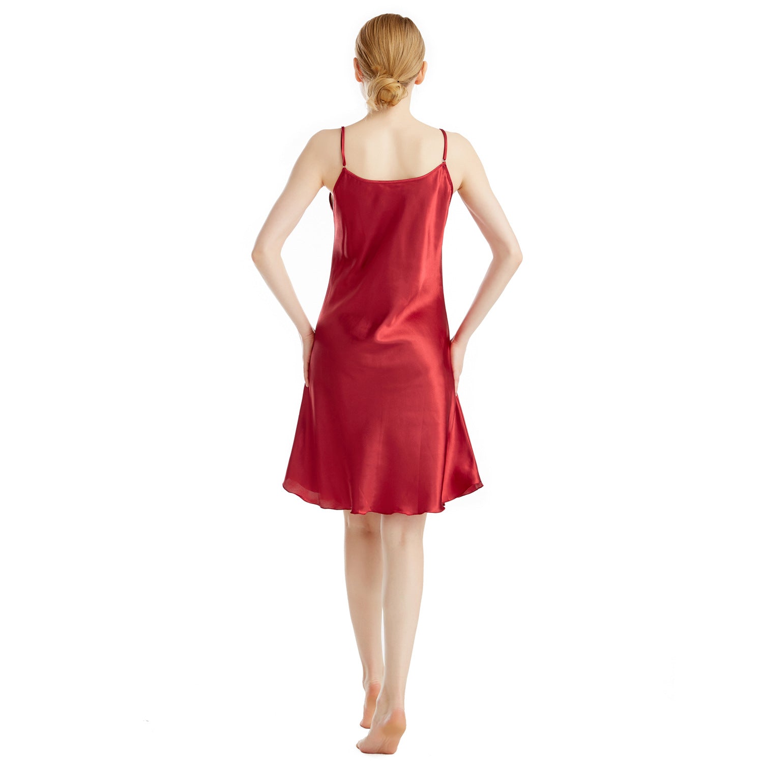 Women's Wine Red Satin V Neck Midi Slip Nightgown Elegant Sleeveless A-Line Sleep Dress Chemise Luxury Sleepwear