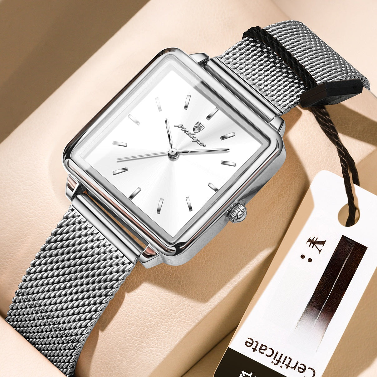 Poedagar Women's Rose Gold Square Watch | Sunburst Dial Mesh Strap Minimalist All Rose Gold Quartz Watch