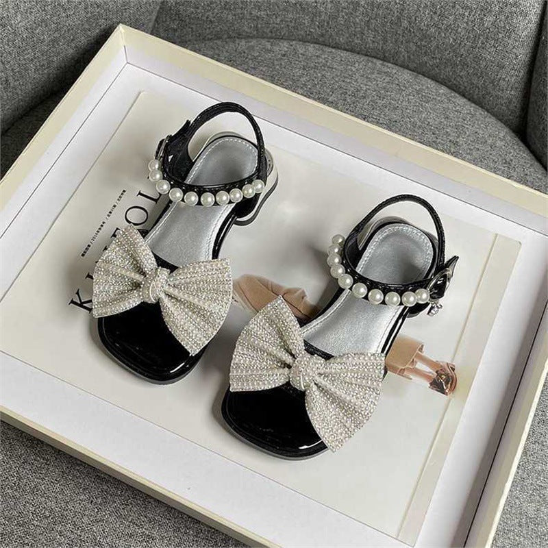 Red Patent Crystal Rhinestone Bow Pearl Strap Sandals for Girls | Diamond Bow Pearl Ankle Strap Kids Dress Sandals | Luxury Princess Party Wedding Sandals | Elegant Little Girl Formal Shoes