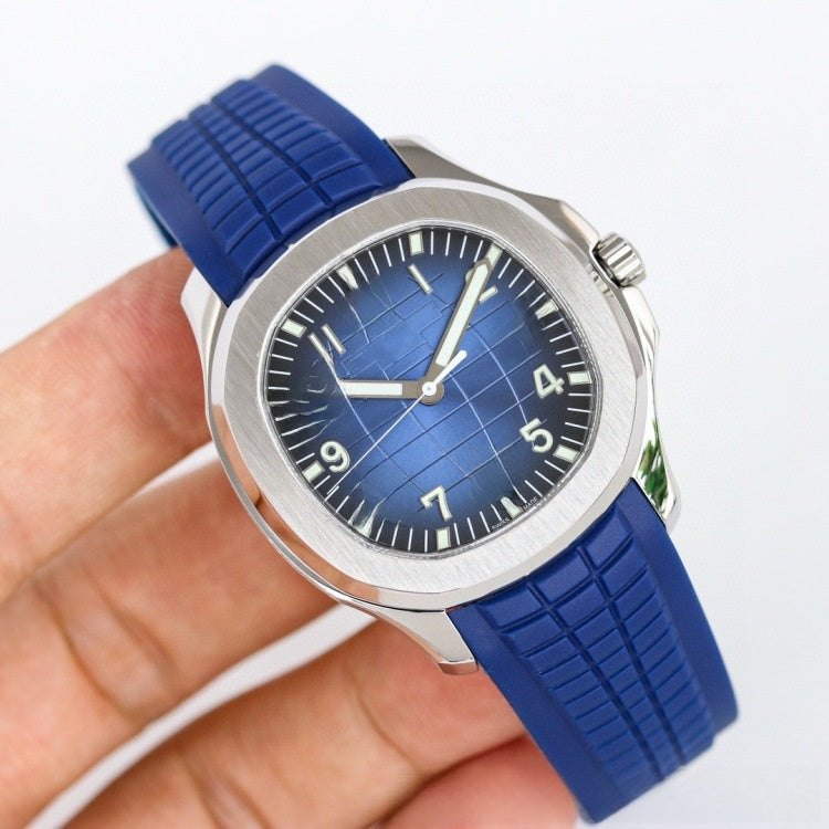 Men's Sport Luxury Watch | Black Grid Dial Stainless Steel Case Rubber Strap | Aquanaut Style Luminous Timepiece