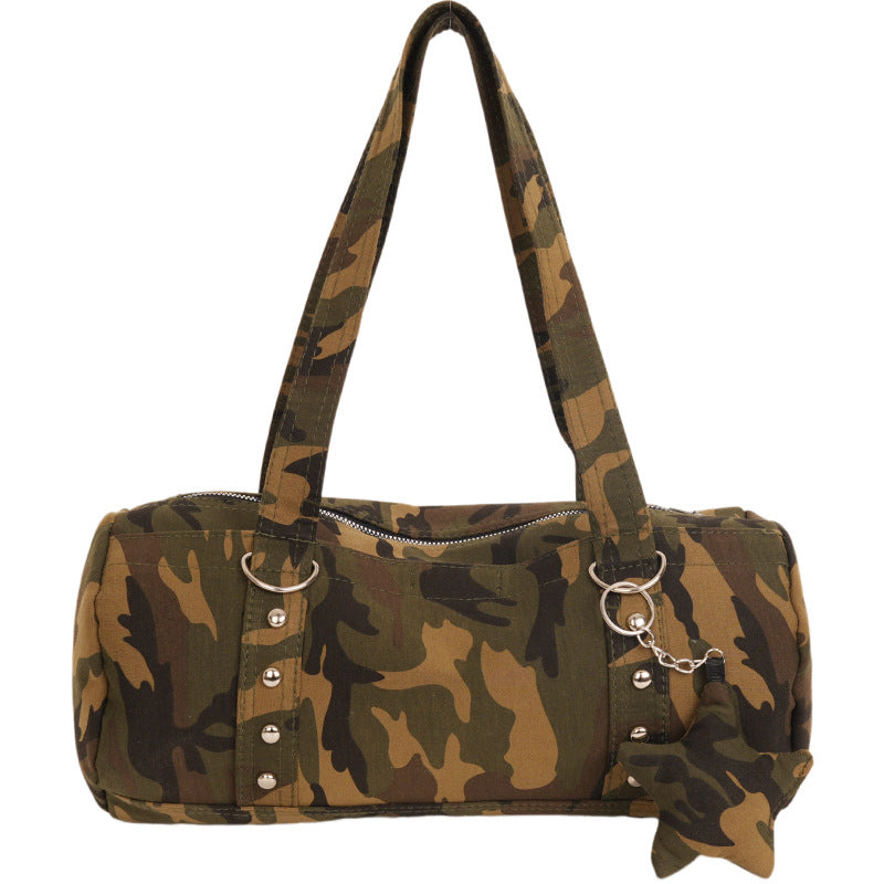 Gray Leopard Print Barrel Bag with Cat Tail - Novelty Animal Print Shoulder Bag | Playful Cylindrical Tote with Studs
