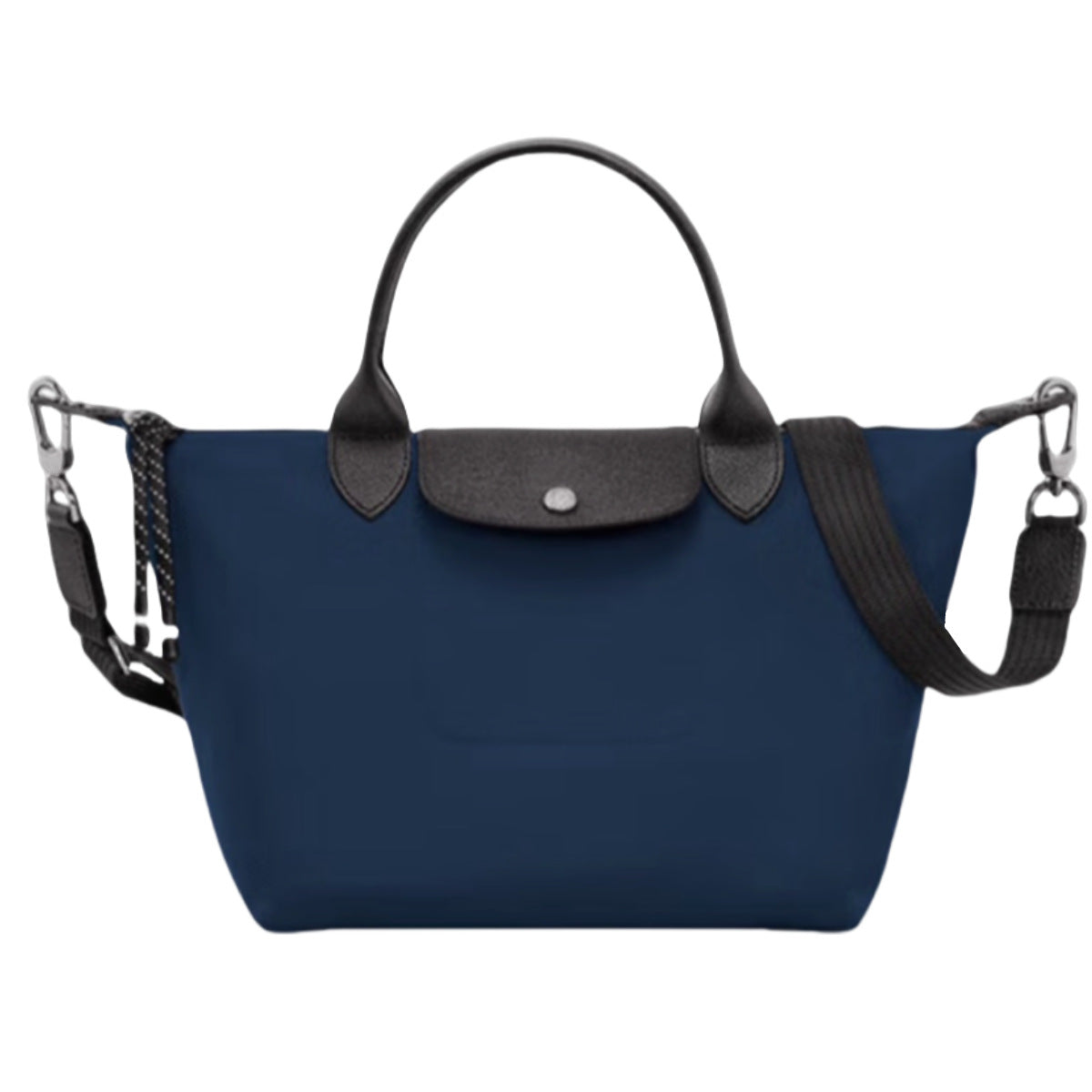 Navy Blue Nylon Tote Bag with Leather Trim - Lightweight Foldable Shoulder Bag | Designer Inspired Crossbody Tote with Adjustable Strap