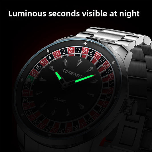 TimeArtX Men's Casino Roulette Watch | Black Dial Red Black Roulette Wheel Bezel Silver Case | Leather Strap Novelty Collector Timepiece