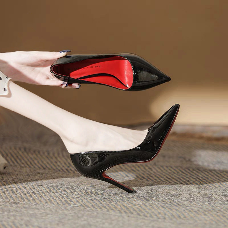 Black Patent Leather Pointed Toe Stiletto Pumps with Red Sole & Red Lining | Iconic Luxury Power Heels for Women