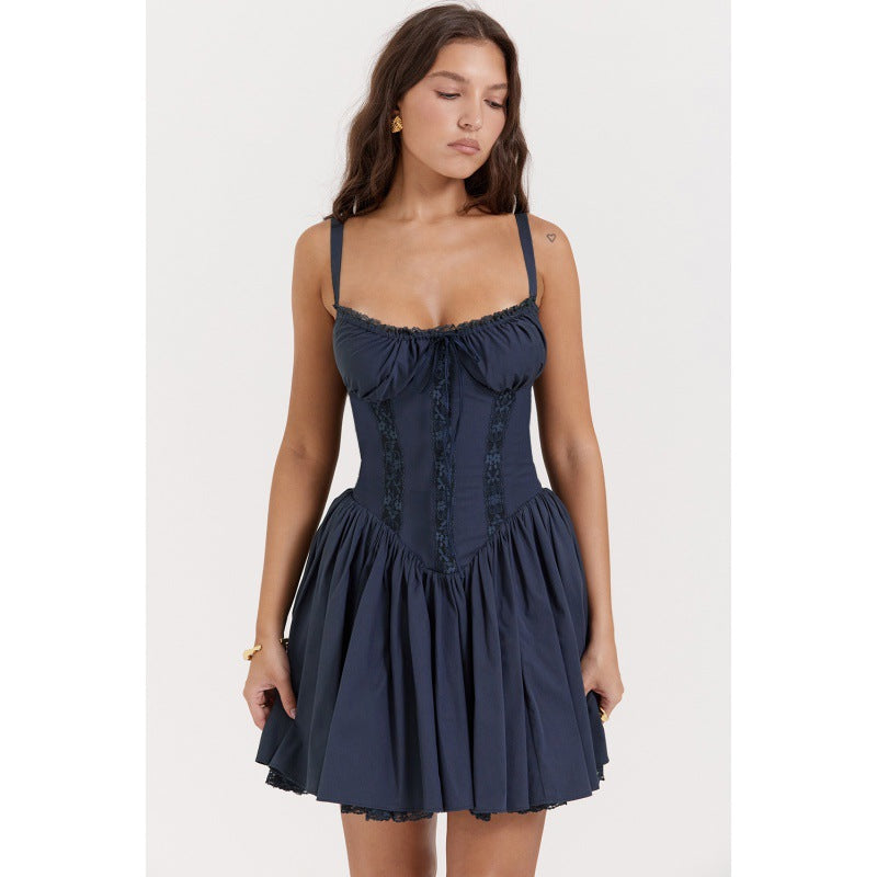 Womens Black Corset Mini Dress with Lace Trim Spaghetti Straps Sweetheart Ruched Bodice Flared Skirt Vintage Party Dress for Night Out