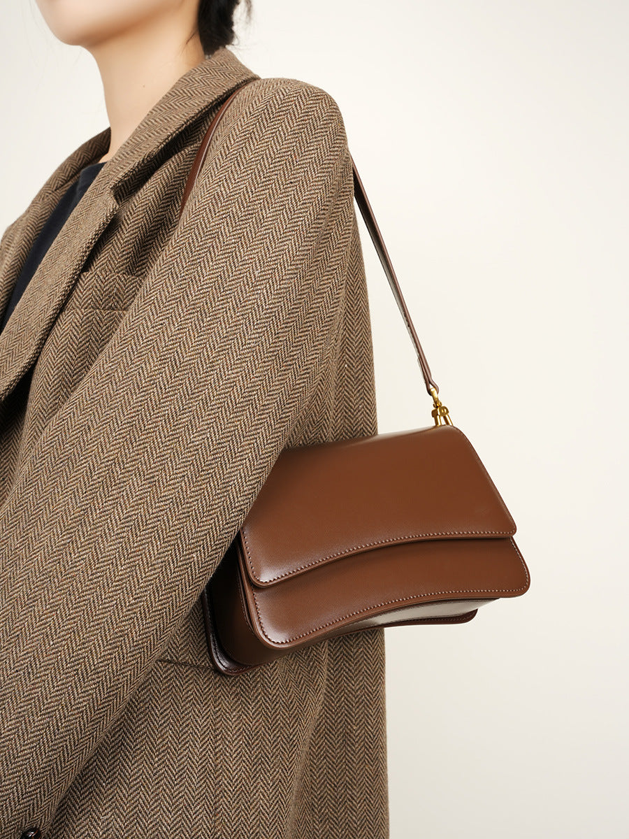 Genuine Leather Cognac Brown Leather Crossbody Bag | Structured Flap Shoulder Bag Women