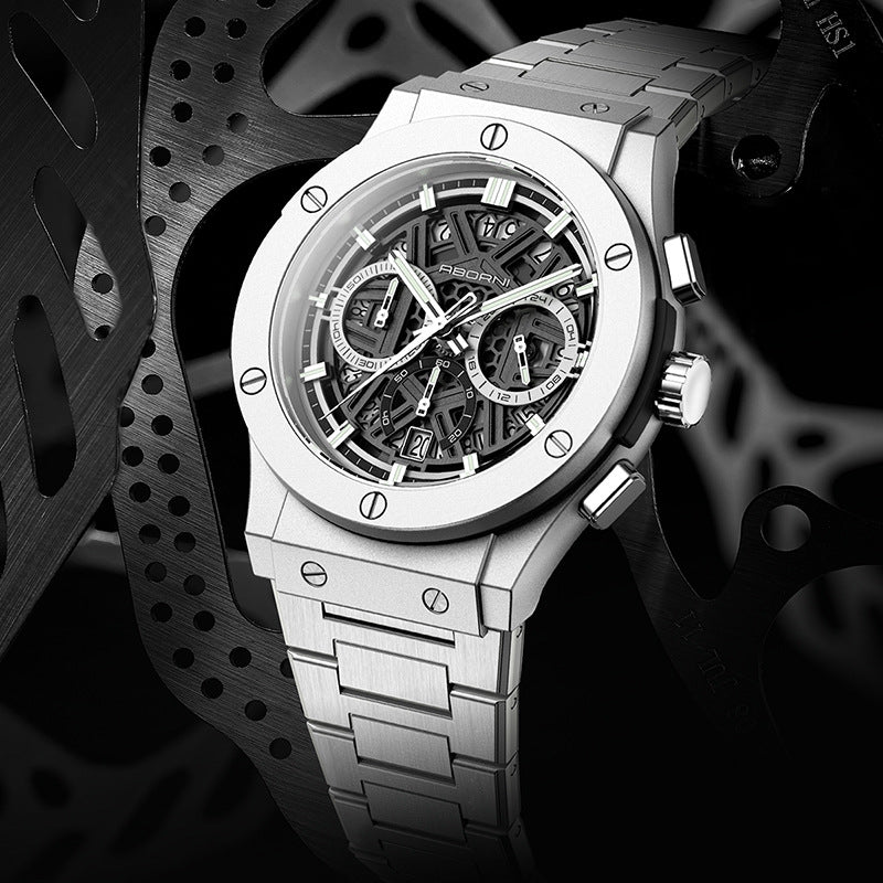 ساعة ABORNI Skeleton Chronograph للرجال | علبة فضية مكشوفة ببراغي، مينا مفتوح، سوار فولاذي، ساعة مزودة بتقويم